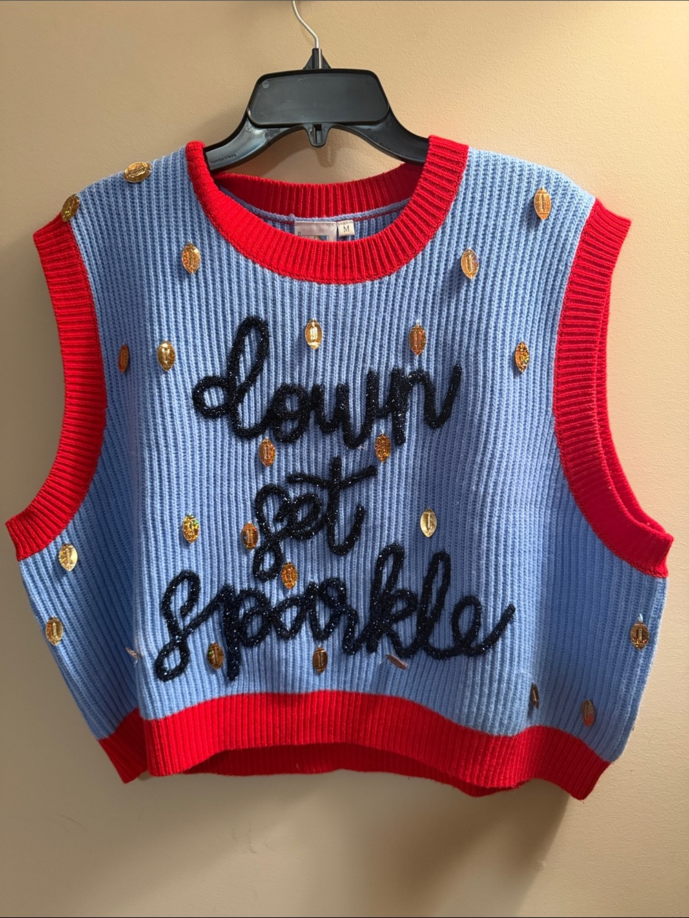 QUEEN OF SPARKLES Blue and Red Sleeveless Knit Vest with Gold Sequins